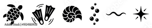 Six black marine-themed icons depicting a sea turtle, swim fins, nautilus shell, bubbles, a wave, and a starburst, presented in a clean, minimalist silhouette style