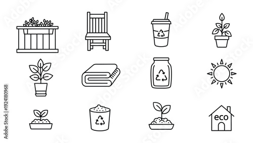 Eco-Friendly Elements in Minimalist Illustration: An array of charming line drawings showcases sustainable living, featuring a plant-filled window box, cozy wooden chair, a recyclable cup.