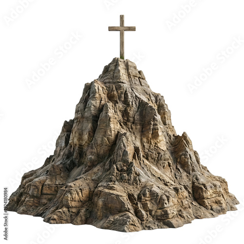 Wooden cross on rocky mountain peak isolated on transparent background