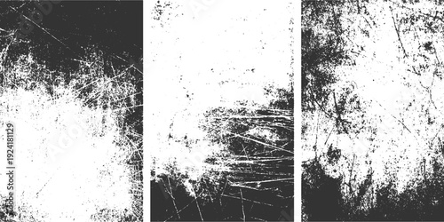 Three vertical panels of black and white grunge textures with scratches and speckles distressed abstract