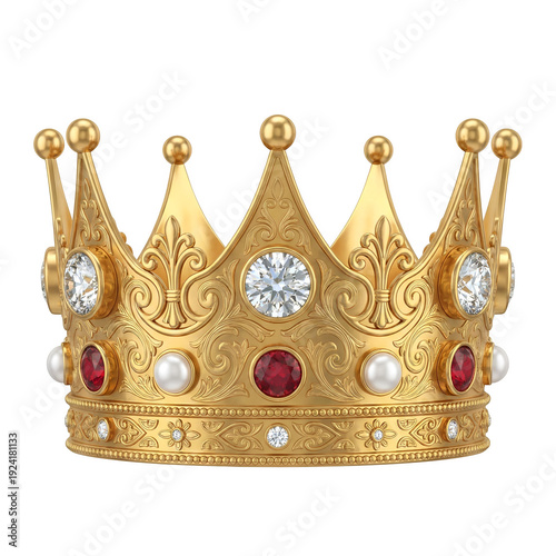 Ornate golden crown with diamonds and rubies isolated on transparent background
