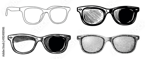 Four distinct hand-drawn sunglasses illustrations showcase various artistic styles including outline, hatching, and stippling, presented in a classic black and white aesthetic