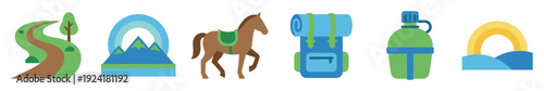 Six colorful flat design outdoor adventure icons are displayed, featuring a winding path, mountains, a saddled horse, a backpack, a canteen, and hills, all in a cheerful, illustrative style