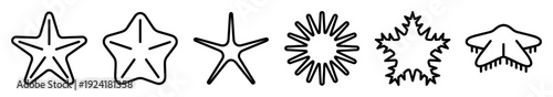 Six stylized starfish icons are presented in a row, featuring diverse shapes and intricate black outline details, creating a clean and graphic visual representation
