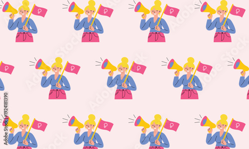 International Womens Day pattern with woman holding feminist flag and megaphone women rights equality and empowerment concept