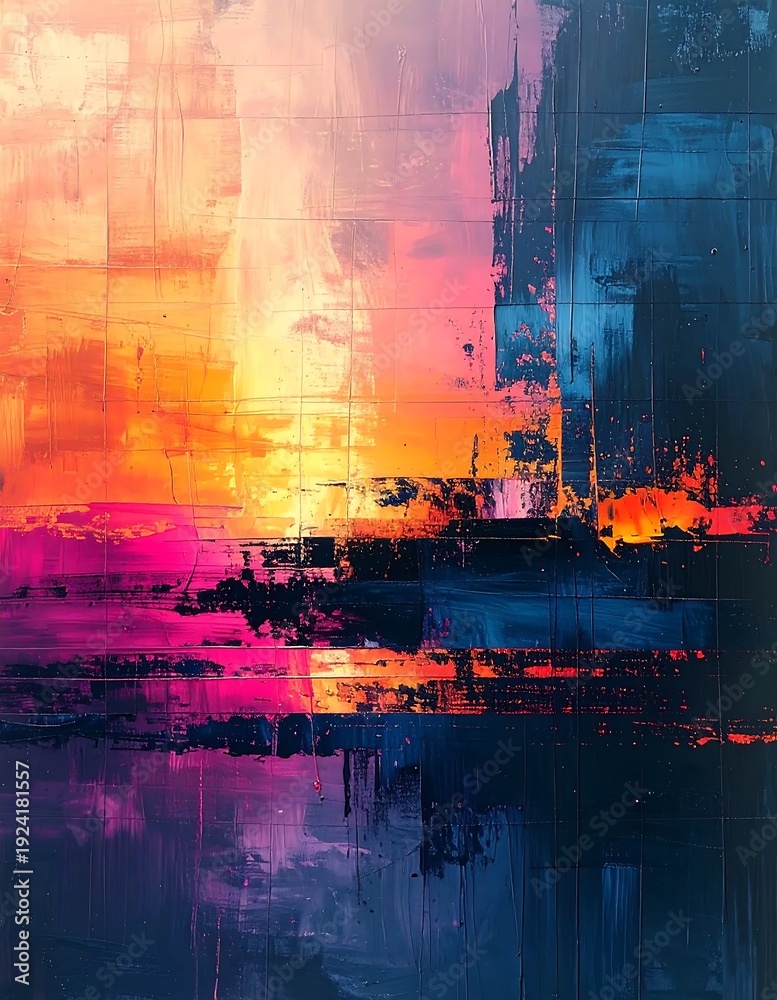 Obraz premium Abstract Sunset Landscape - Vibrant Colors and Textured Brushstrokes.