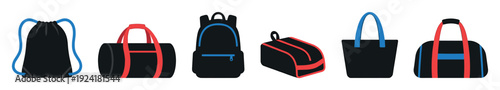 Various black bags with red and blue accents are displayed in a modern flat design vector illustration, showcasing different styles for travel and everyday use