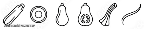 Various black outline vegetable icons depicting zucchini and squash in different forms, including whole, sliced, and spiralized, presented in a clean, minimalist line art style