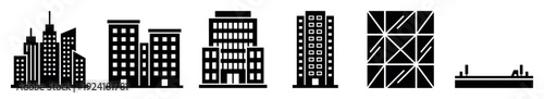 Various black silhouette building icons depict modern urban architecture and cityscapes, showcasing a collection of diverse structures with clean lines and minimalist graphic design