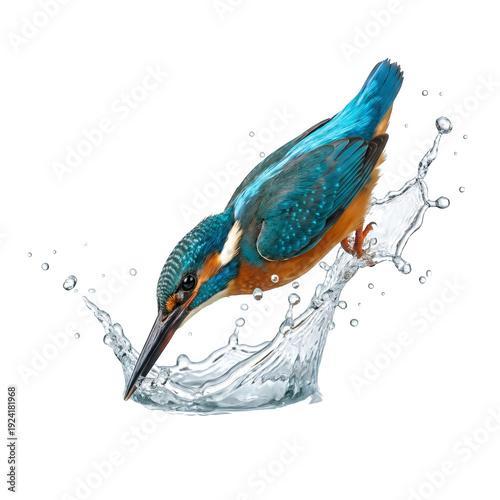 Kingfisher Bird Diving into Water Splash isolated on transparent background