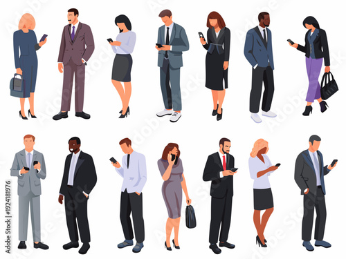Diverse group of business professionals using smartphones in various poses and attire