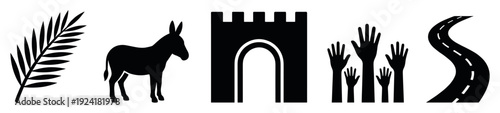 Palm branch, donkey, gate, hands, road silhouettes illustrate a symbolic journey of welcome and triumph in a clean, minimalist icon style
