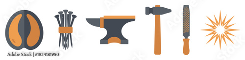 These essential blacksmith tools and materials are neatly arranged in a flat, modern vector illustration, showcasing a horseshoe, nails, anvil, hammer, and file with a spark
