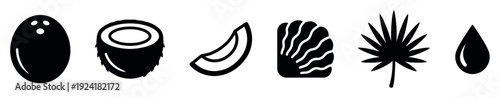 Six black silhouette coconut and tropical icons are displayed in a clean, modern, and minimalist graphic style, perfect for digital design elements