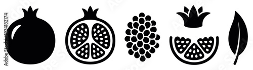 Black silhouette pomegranate fruit and seed icons are neatly arranged in a row, depicting whole, cut, and individual elements with a clean, graphic style