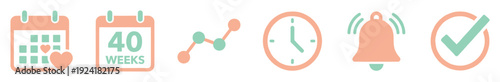 Six pastel-colored flat design icons representing planning, time, progress, and important events, including calendars, a graph, a clock, a bell, and a checkmark