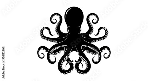 Detailed black octopus illustration with curled tentacles on a white background.