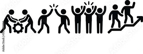 A sequence of stick figures working together to achieve a goal