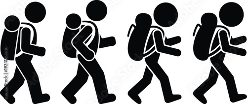 A group of people walking in a line with backpacks on a white background.