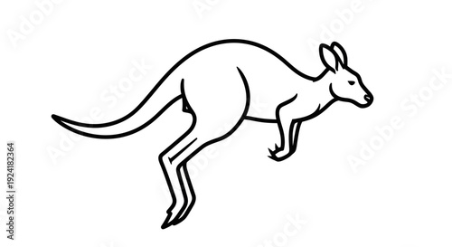 Simple black and white line art illustration of a kangaroo hopping, depicted in profile with its strong legs and tail.
