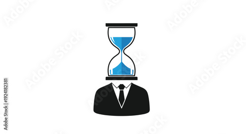 A minimalist icon shows a person in a black suit with an hourglass head containing blue sand flowing between the glass bulbs.
