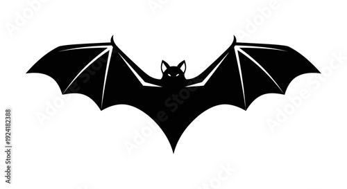 Black silhouette of a bat with outstretched wings against a white background, often associated with Halloween.