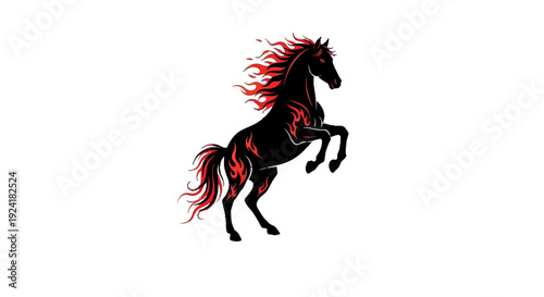 Black horse with red flames running on hind legs.