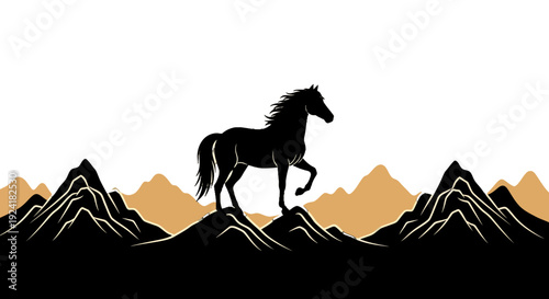 Black horse silhouette running on mountain peak.