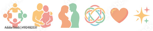 Series of colorful abstract family and relationship icons are thoughtfully arranged, depicting themes of community, pregnancy, partnership, unity, love, and joy with a soft, minimalist aesthetic