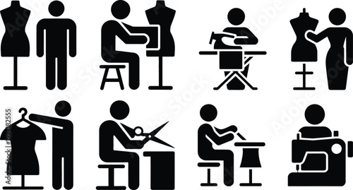 Fashion design process illustrated with simple graphics and silhouettes.