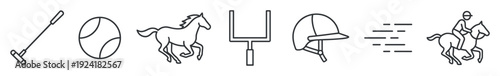 Collection of outline sports icons depicting polo, horse riding, and American football elements in a clean, minimalist line art style