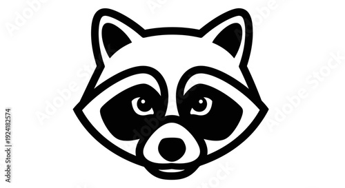A simple black and white line art illustration of a raccoon's face, featuring its distinctive eye mask and pointed ears.