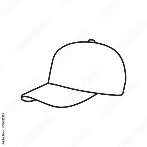 A simple line drawing of a baseball cap with a curved brim and button on top  isolated on white background