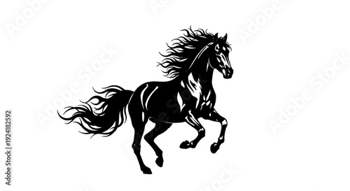 Black horse running with flowing mane and tail in mid gallop.