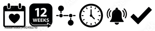 Collection of black icons visually represents important dates, time, and progress, clearly illustrating scheduling and event management concepts