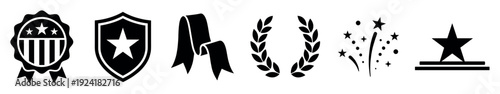 This collection of black silhouette award and achievement icons includes a badge, shield, ribbon, wreath, fireworks, and star on a pedestal, rendered with a clean, graphic style
