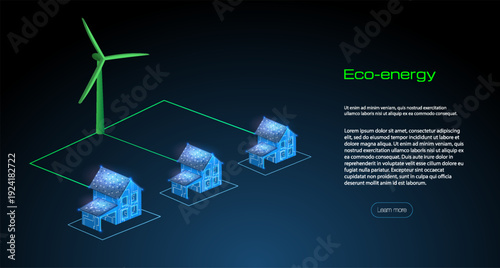 Energy generation concept showing wind turbine and houses with solar panels in a digital design with dark background