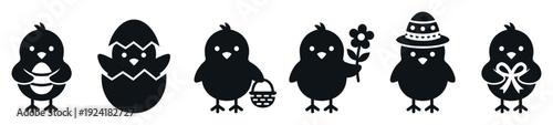 Six adorable black cartoon chick silhouettes are playfully depicted with various Easter-themed accessories, including an egg, basket, flower, hat, and bow, in a charming graphic illustration style