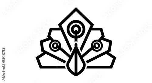 Stylized black and white outline illustration of a peacock feather or an elegant crown, featuring a central teardrop and fanned elements.