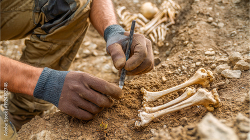 Archaeologists uncover ancient bones while excavating a historical site in the wilderness, revealing secrets of the past in the golden afternoon light