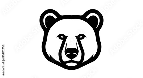 Stylized black and white graphic illustration of a bear's head, featuring bold outlines and a serious, direct gaze.