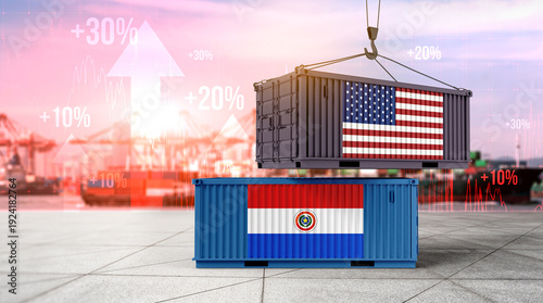 Fotografie Trade between USA and Paraguay: The image shows cargo containers displaying the USA and Paraguay flags, being lifted, representing the complex dynamics of international trade and economic growth