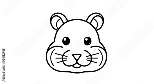 A simple black and white line drawing of a cute cartoon hamster face with round ears, small eyes, a triangular nose, a mouth, and whiskers.