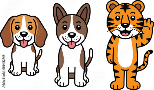 Cute cartoon dog and tiger characters set, friendly animal illustration for kids isolated on white background