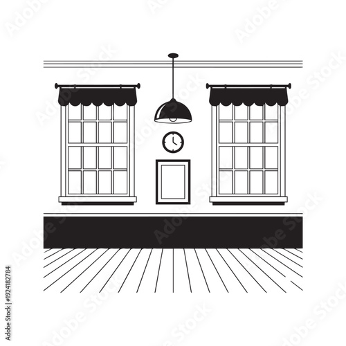 Minimalist Interior Wall Vector Illustration with Windows Clock Lamp and Picture Frame
