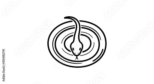 A minimalist black and white line art illustration depicting a snake coiled in a circular pattern with its head emerging, surrounded by concentric rings.