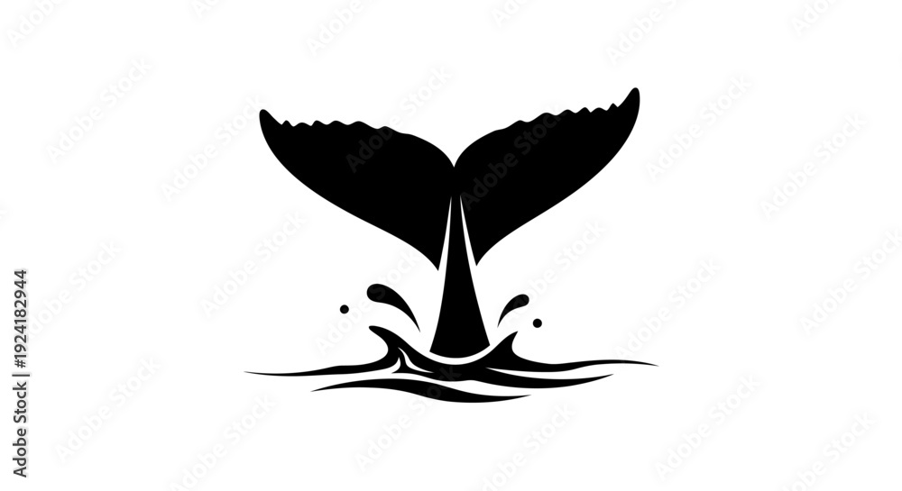 Fototapeta premium Black silhouette of a whale's tail emerging from the water with splashes and ripples, isolated on a white background.