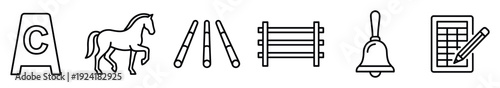 Collection of equestrian training line art icons featuring a horse, dressage cone, ground poles, jump, bell, and score sheet, rendered in a clean, simple outline style
