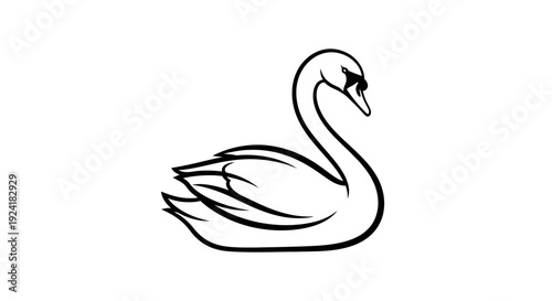 A graceful black and white outline drawing of a swan with its neck curved, depicted in a side profile view.