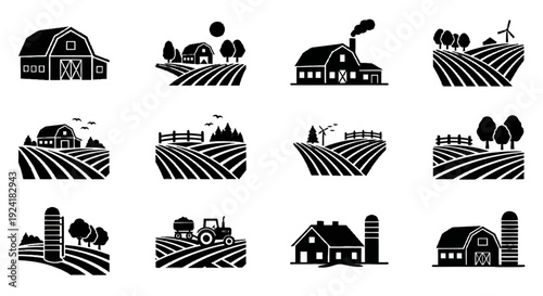 Set of black farm and agriculture icons on.